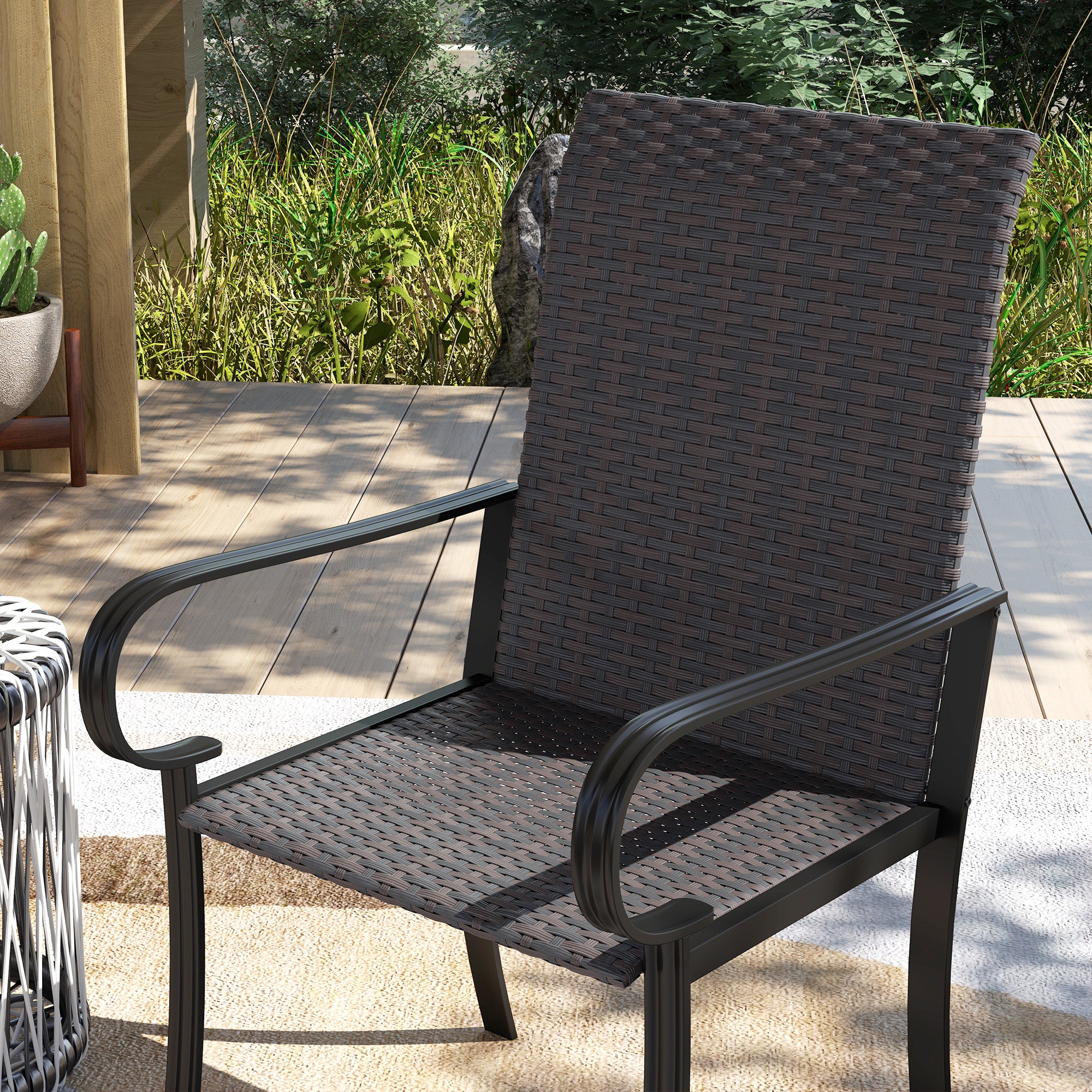 Set of 2 Outdoor Wicker Dining Chairs with Armrest, Steel Frame, High Back and Deep Seating, Brown