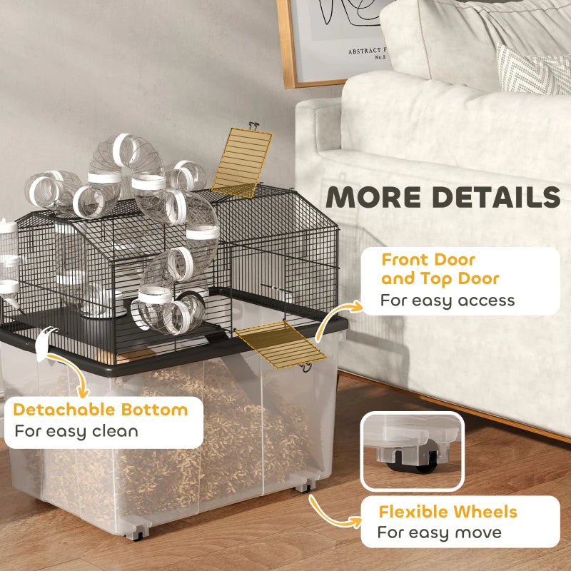 2 Tier Hamster Cage With 12 Deep Tray, Tube System, Water Bottle, Ramp, Feeding Bowl, Black