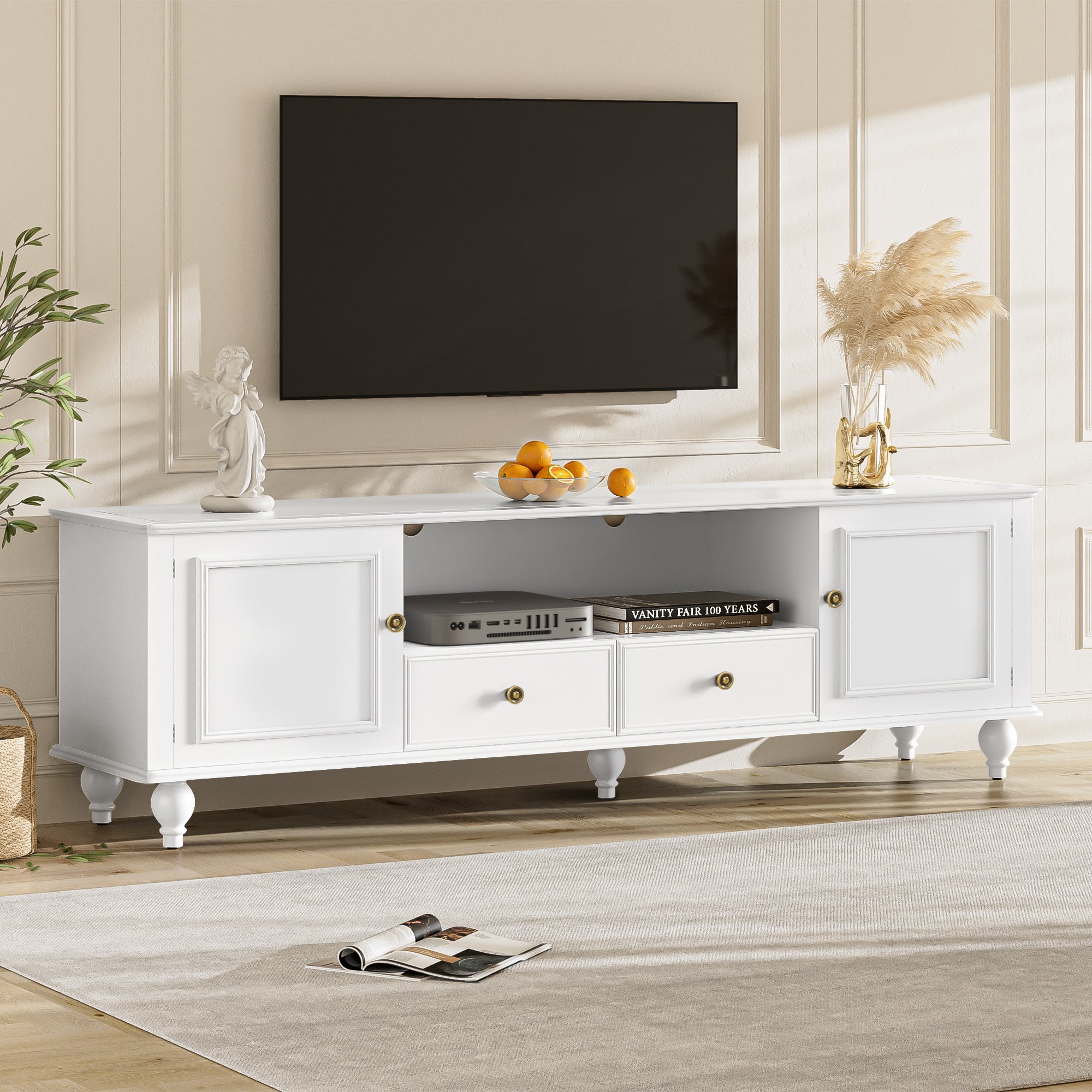 VIBE HAUS 70.9 Modern TV Stand For TVs Up To 80 Inches, Entertainment Center With Open Compartment, TV Storage Cabinet With 2 Drawers, 2 Cabinets And 5 Solid Legs For Living Room