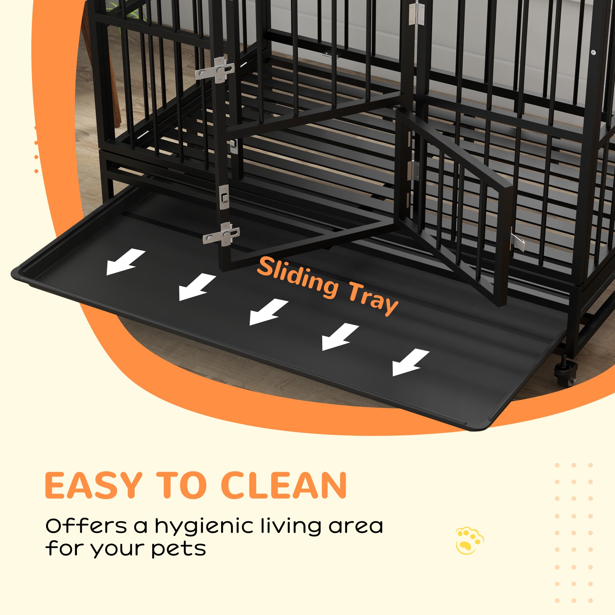 48" Heavy Duty Dog Crate with 4 Lockable Wheels, Double Doors, and Removable Tray, for XL and L Dogs
