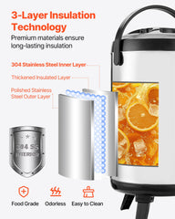 Insulated Beverage Dispenser For Hot & Cold Drinks 2 Gal Stainless Steel