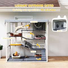 Large Outdoor Catio Cat Enclosure With Hammock, Condo,Platforms, Ladders, Ramps, Tarp, For 2-4 Large Cats, Gray