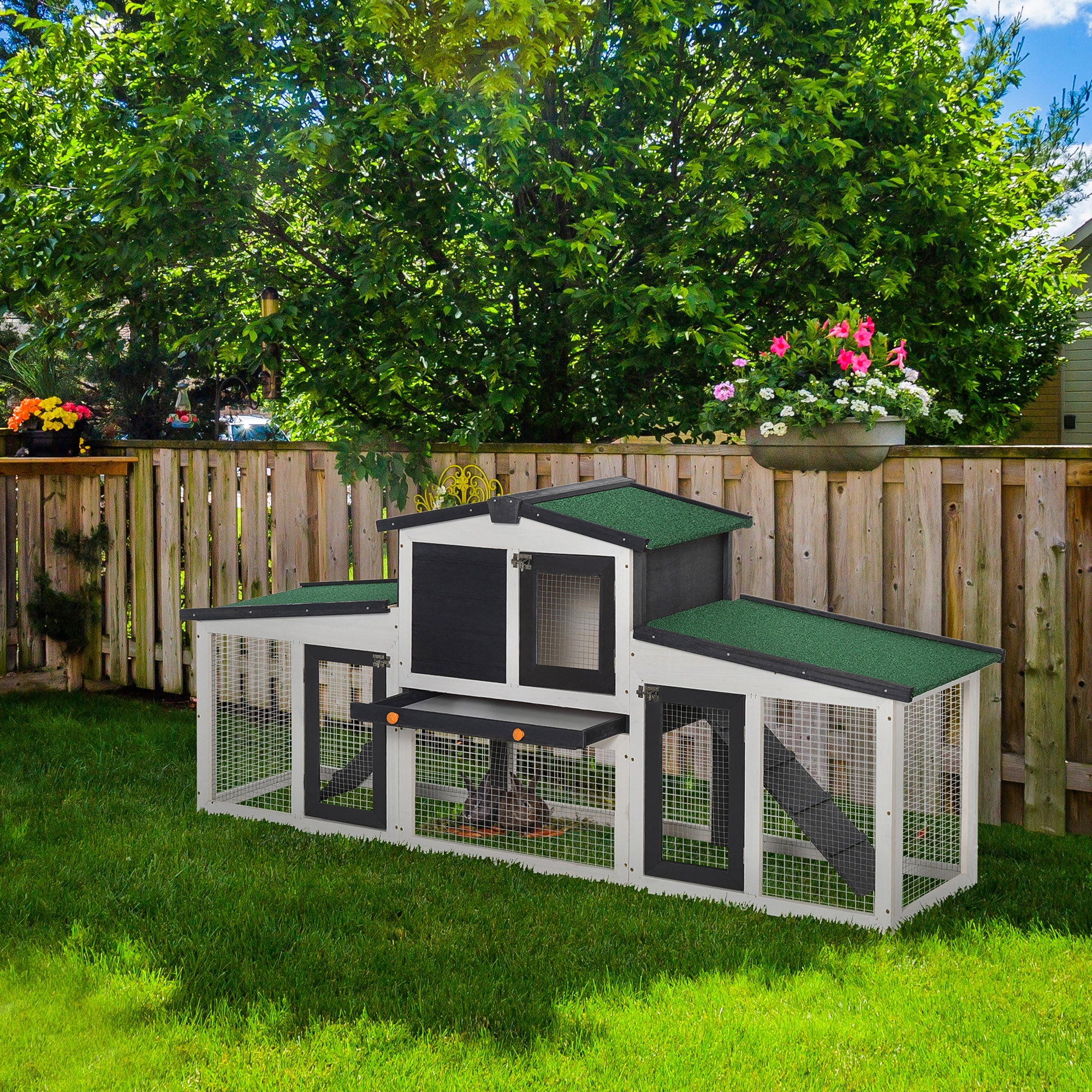Wooden Large Rabbit Hutch with Double Runs, Removable Tray, Ramps, Roof, 78" x 19" x 34", Outdoor Use, Gray