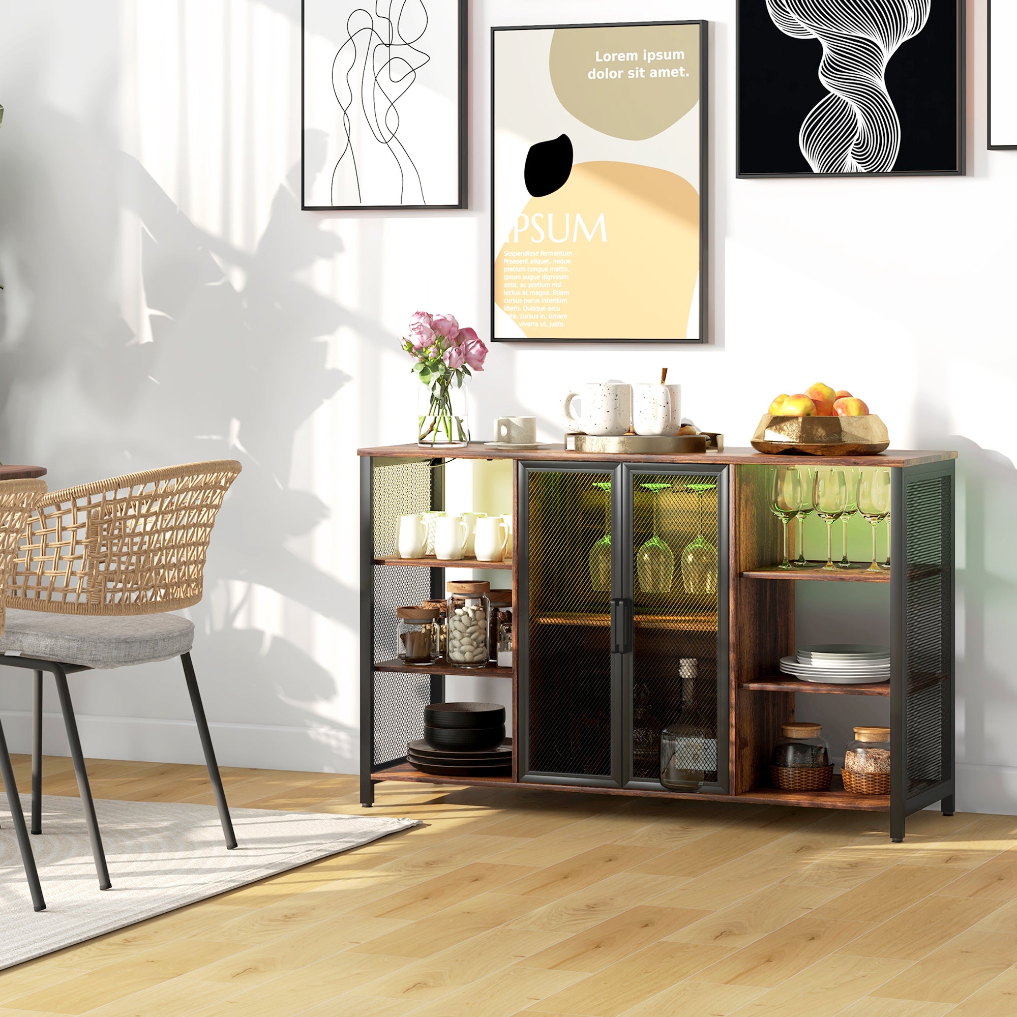 LED Wine Cabinet with Charging Station Glass Holders, Open Shelves, Rustic Brown