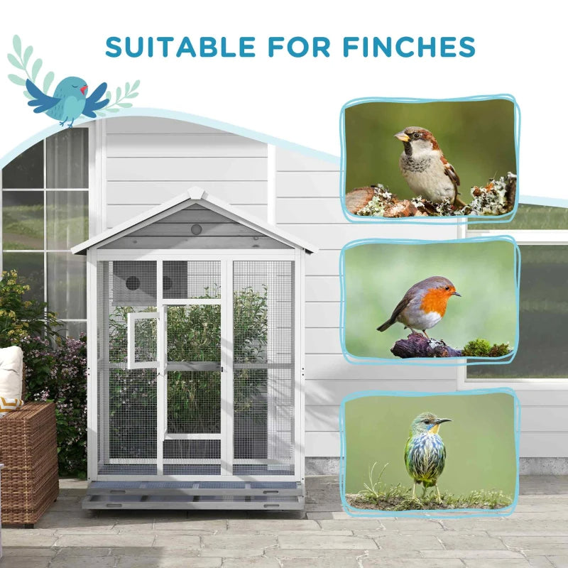 Wooden Bird Cage Aviary, Flight Cage With 4 Perches, Nest And Slide-Out Tray For Indoor Outdoor, Gray