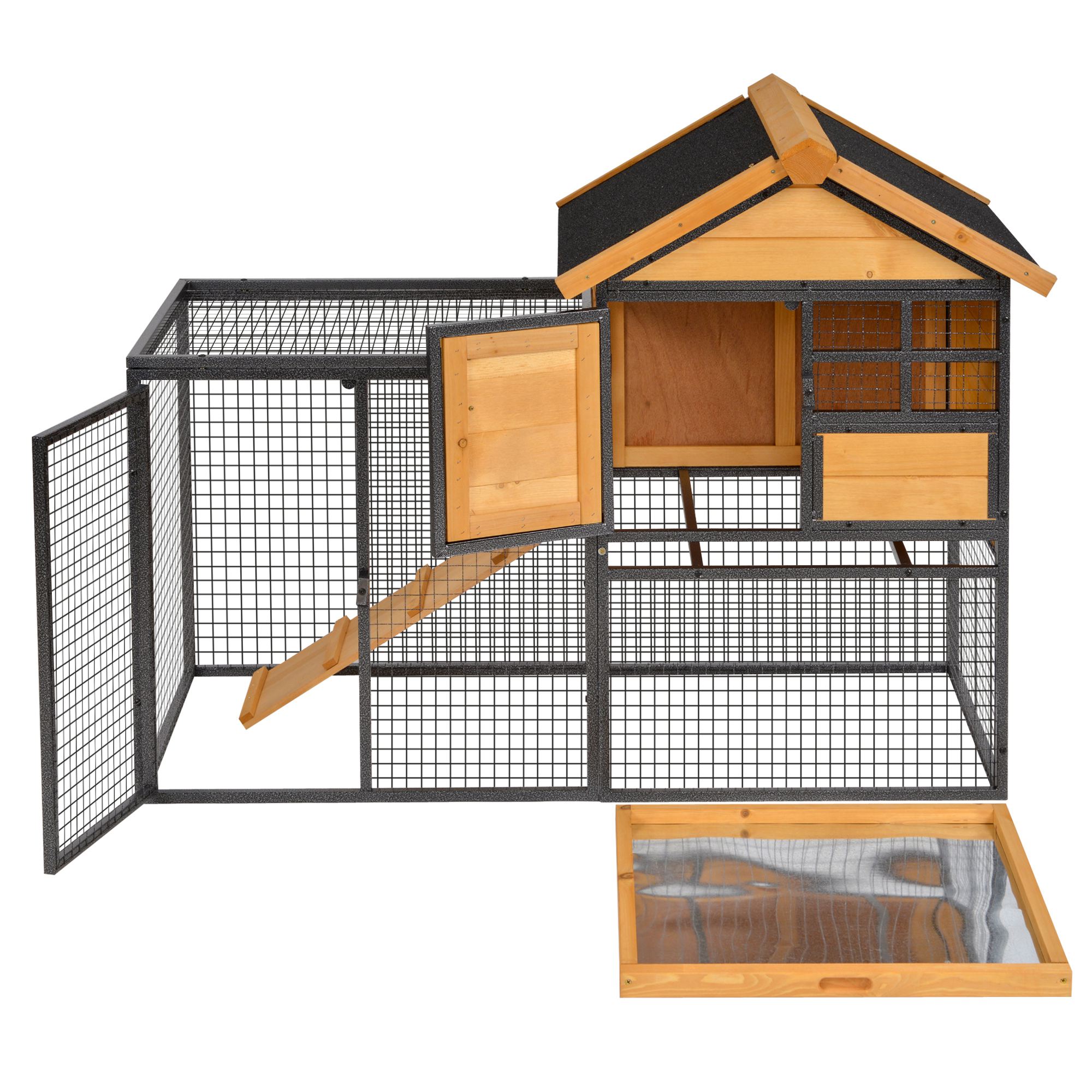 Outdoor Rabbit Cage Elevated Pet House w/ Slide-Out Tray, Natural Wood & Black