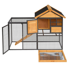 Outdoor Rabbit Cage Elevated Pet House w/ Slide-Out Tray, Natural Wood & Black