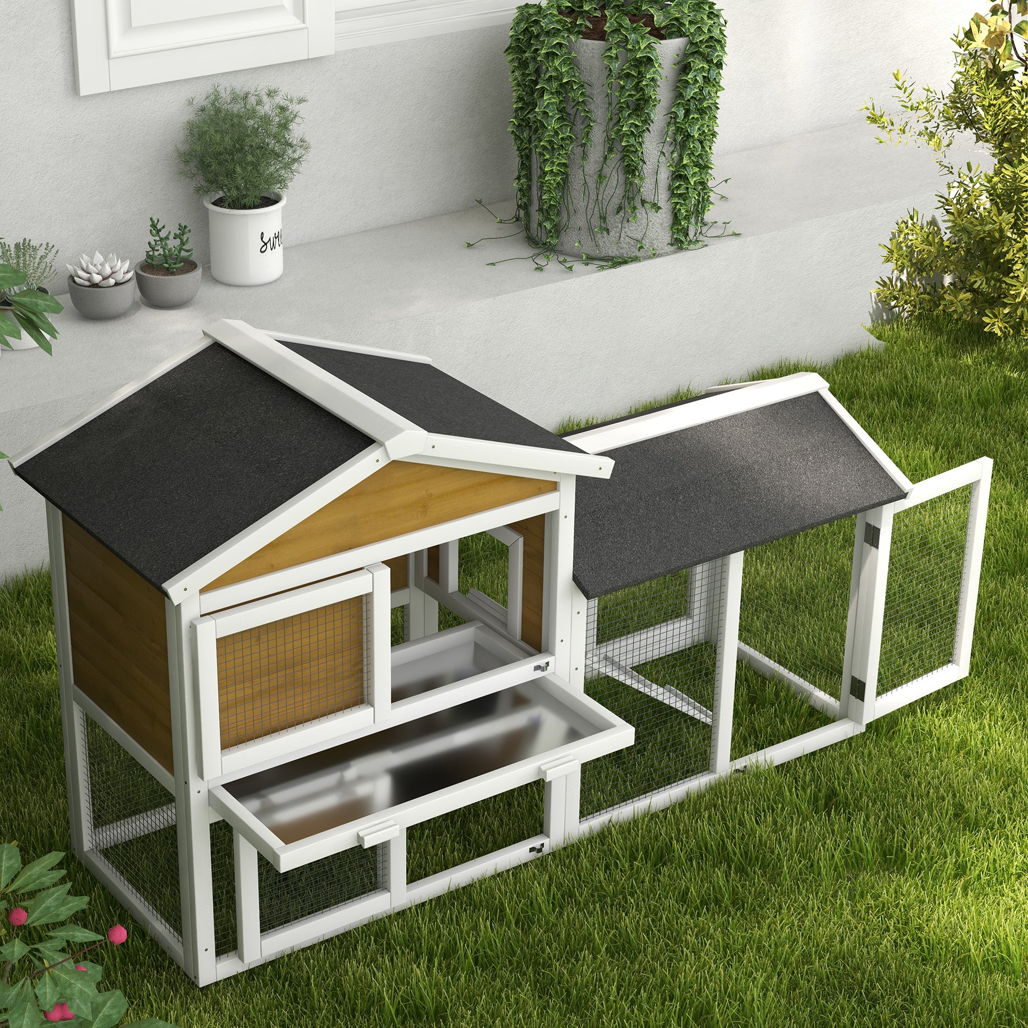 58" Wooden Rabbit Hutch with Run, Removable Tray, Asphalt Roof,  Lockable Doors and Ramp, Nature Wood