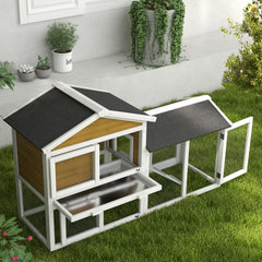 58" Wooden Rabbit Hutch with Run, Removable Tray, Asphalt Roof,  Lockable Doors and Ramp, Nature Wood
