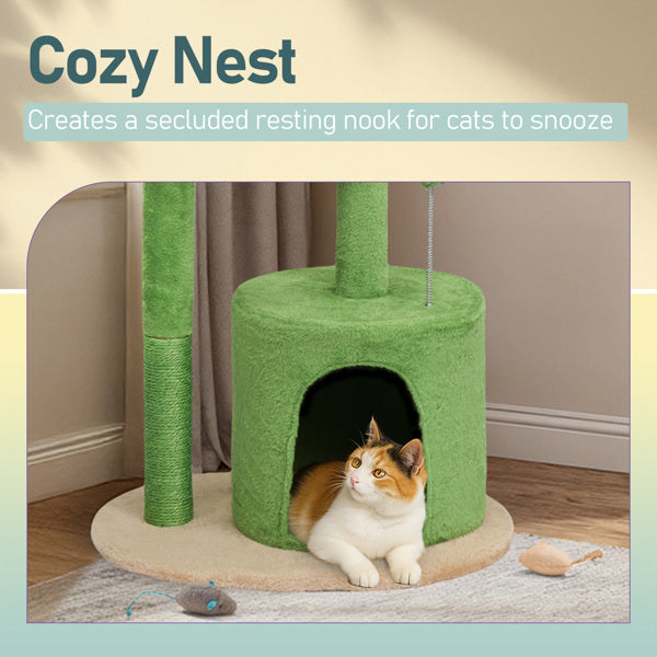 33in Cat Tree, Multi-level Cat Tower With Cat Scratching Post With Curved Perch, Cozy Cat Condo, Padded Top Bed For Kittens And Indoor Cats, Beige & Green