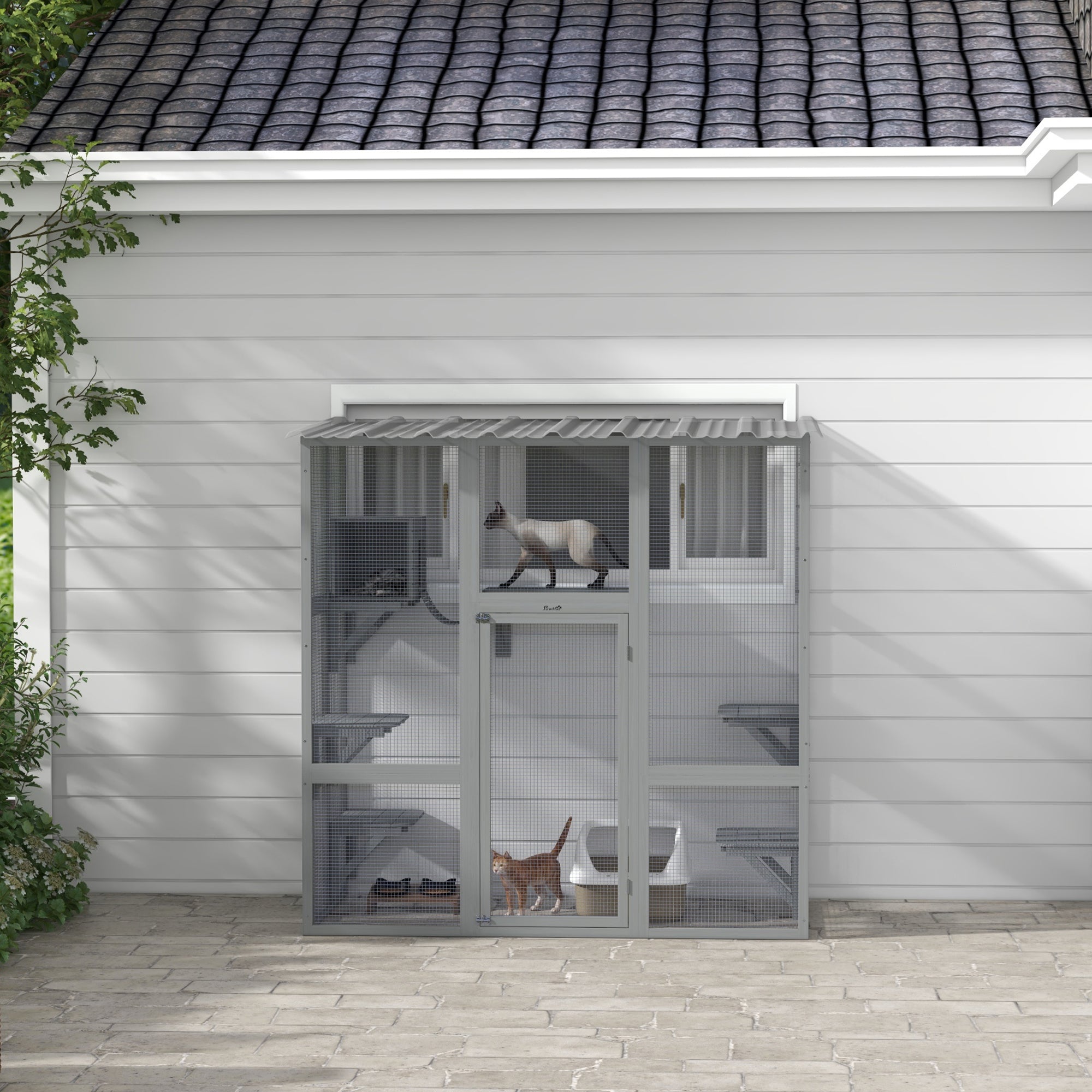 Catio Outdoor Cat Enclosure, Window Box Wooden Cat House with Bridge Platforms, Gray