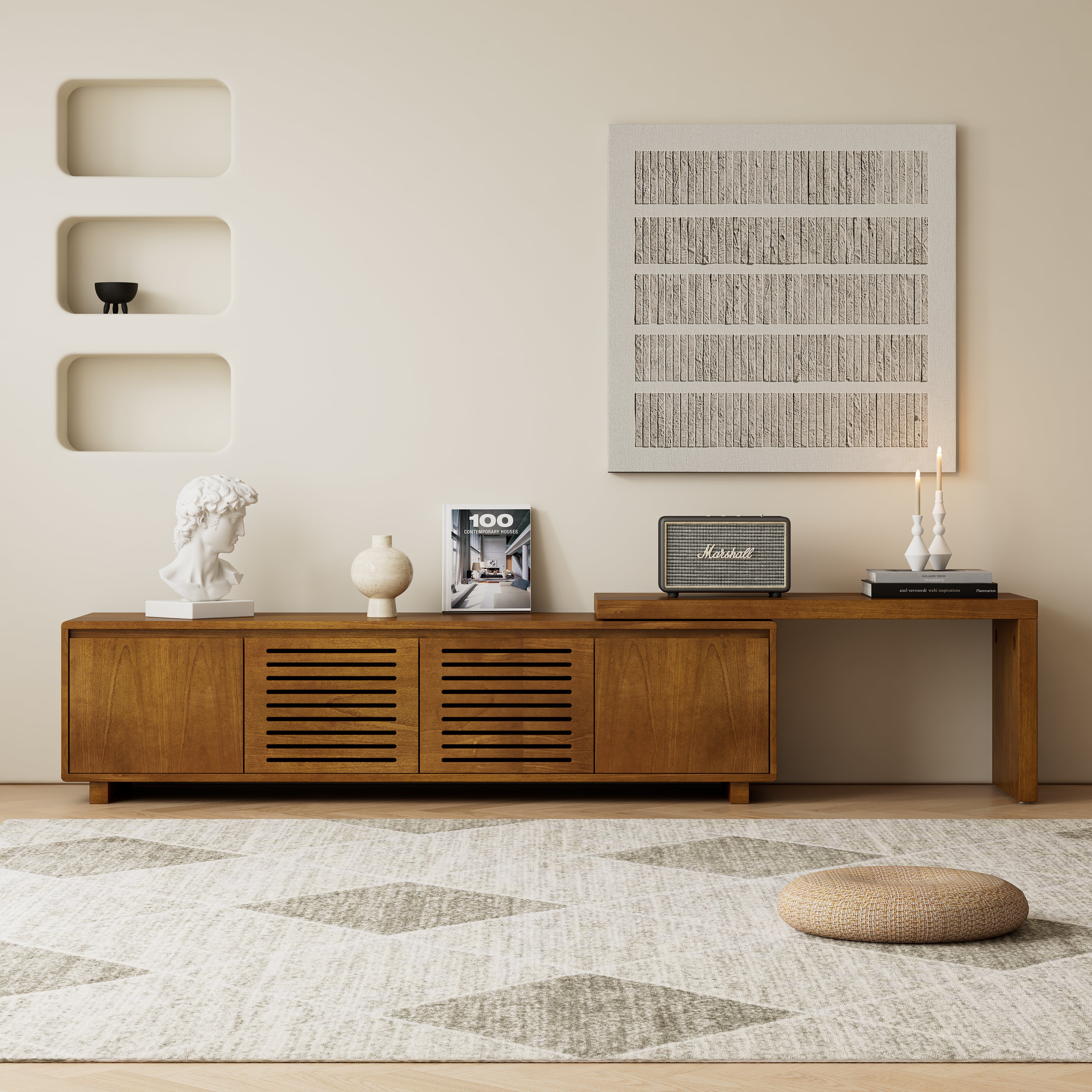 63 Mid-Century Modern Extendable TV Stand For TVs Up To 75, Media Console TV Cabinet For Living Room, Farmhouse Entertainment Cabinet With Storage & Adjustable Panel