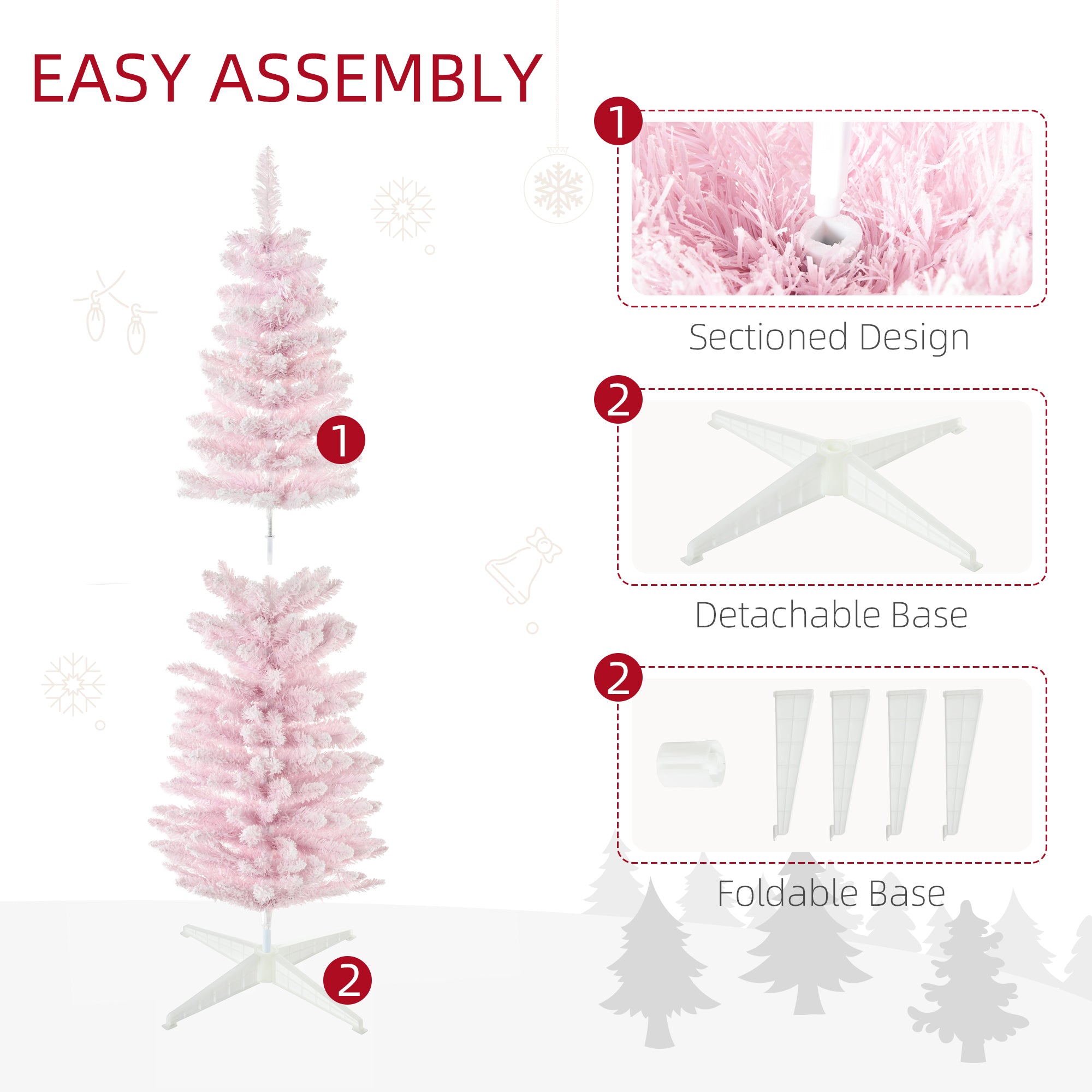 HOMCOM 5' Snow Flocked Artificial Pencil Christmas Tree, Slim Xmas Tree With Realistic Branches And Plastic Base Stand For Indoor Decoration, Pink