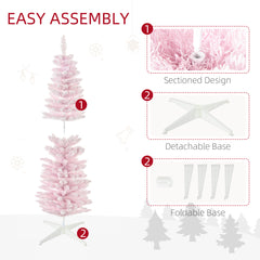 HOMCOM 5' Snow Flocked Artificial Pencil Christmas Tree, Slim Xmas Tree With Realistic Branches And Plastic Base Stand For Indoor Decoration, Pink