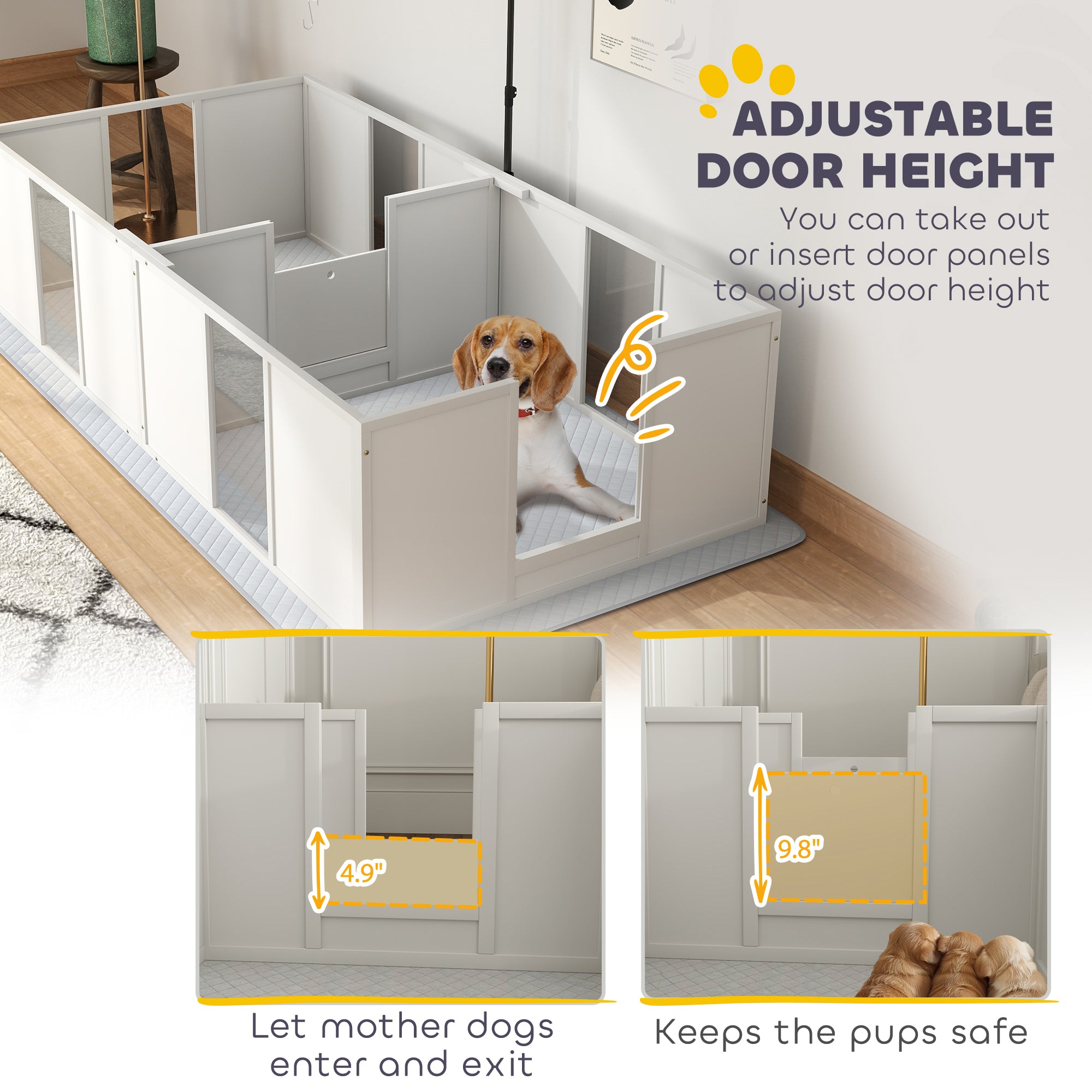 Whelping Box for Dogs w/ Retractable Light Stand, Waterproof Pee Pad & Adjustable Height Door for Medium Breed Dogs