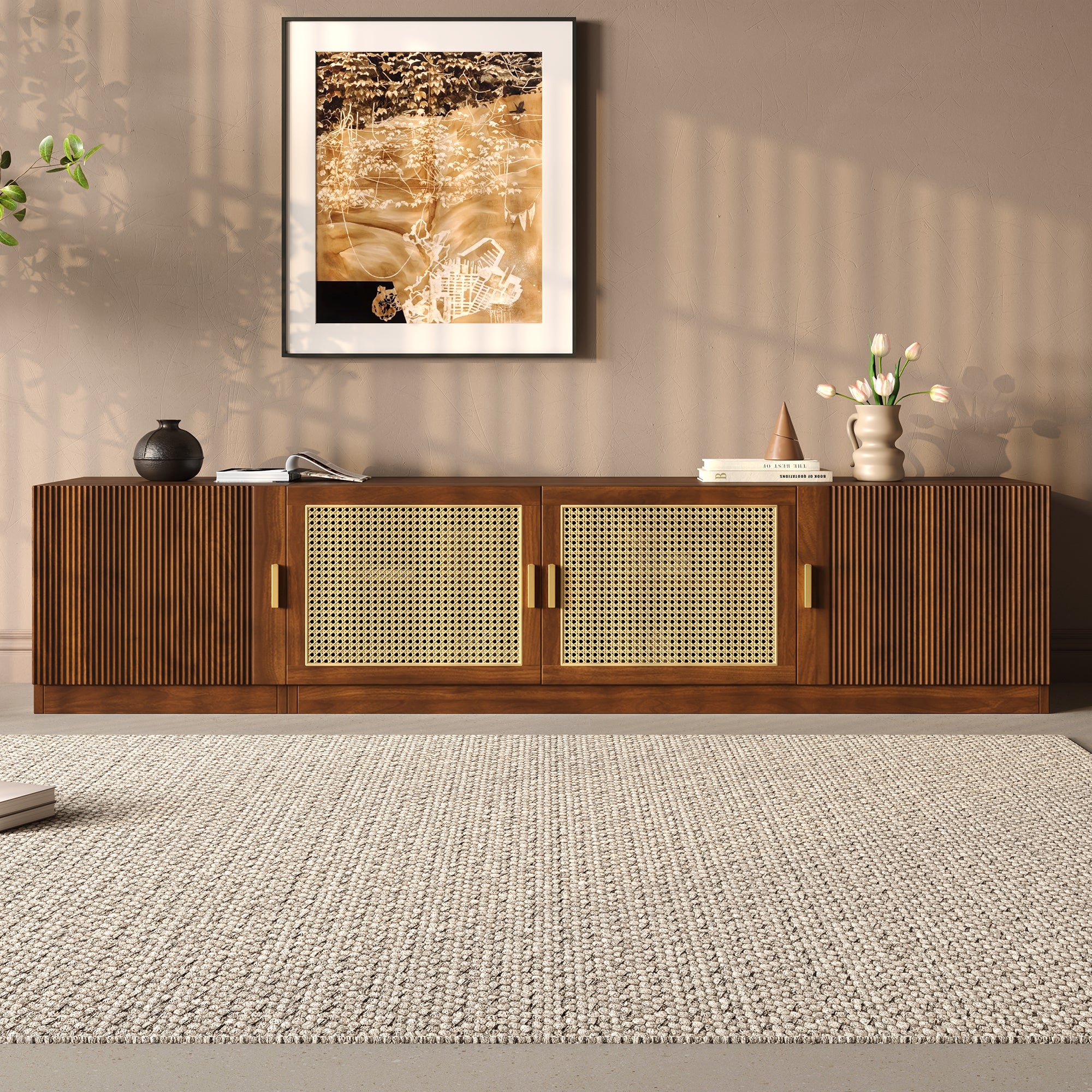 78 TV Stand For TVs Up To 85, TV Console For Living Room, Media Console With Rattan Doors, Adjustable Shelf TV Stand For Bedroom