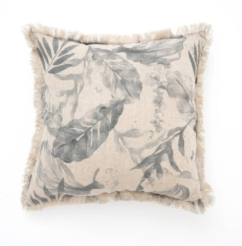 Linen Printed Cushion With Fringes  Brown