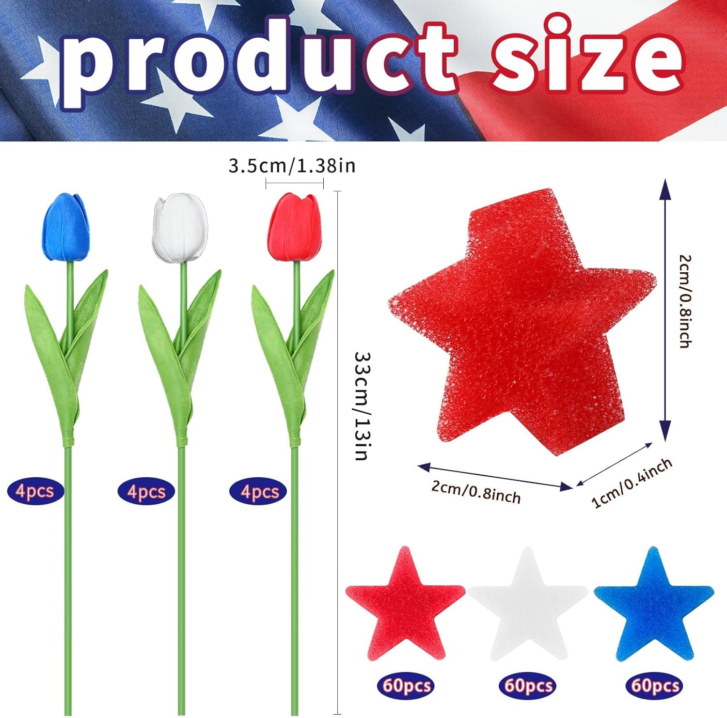 4th Of July Decorations, 12 Pcs Patriotic Artificial Tulips With 180 Pcs Red White Blue Sponge Stars Independence Day Vase Filler For Home Table Centerpiece Decor Clearance Sale