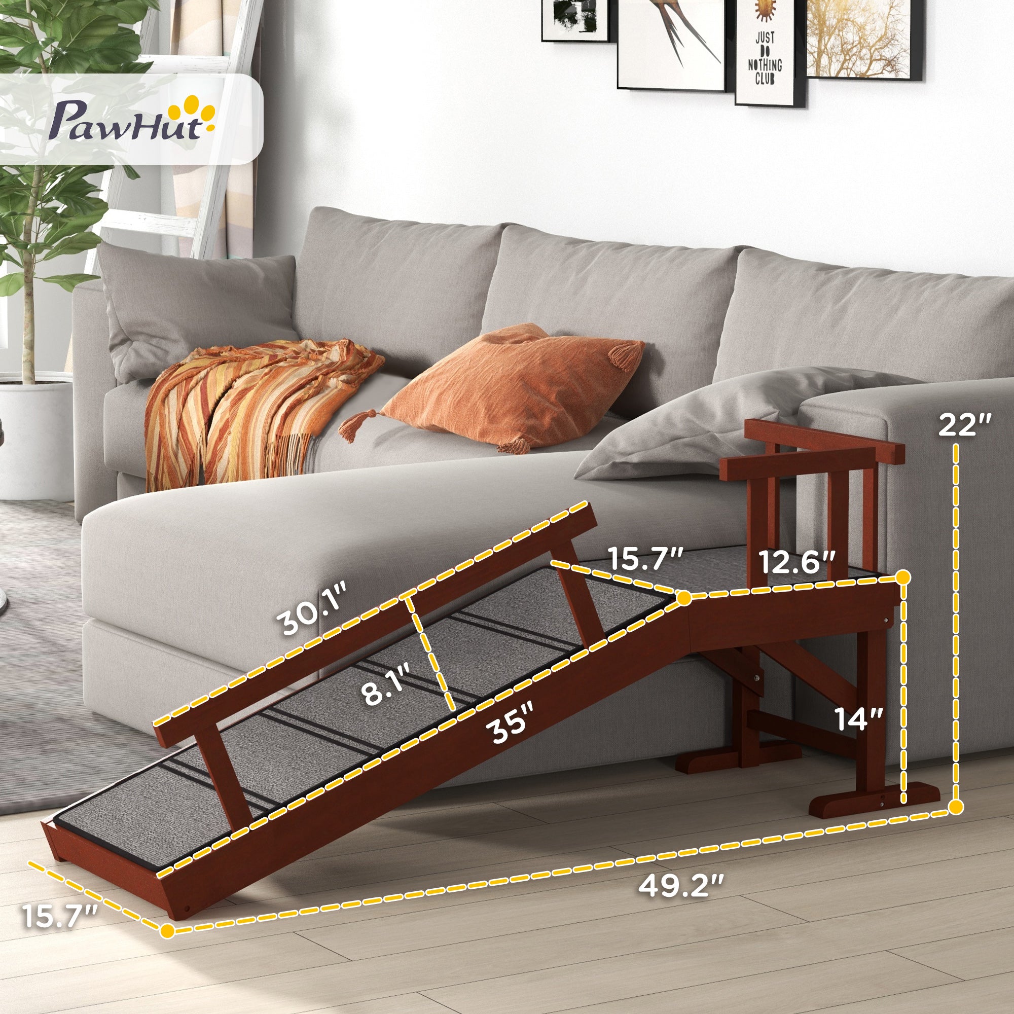 Wooden Dog Ramp with Removable Guardrails, Non-Slip Surface, 49" Long, Brown