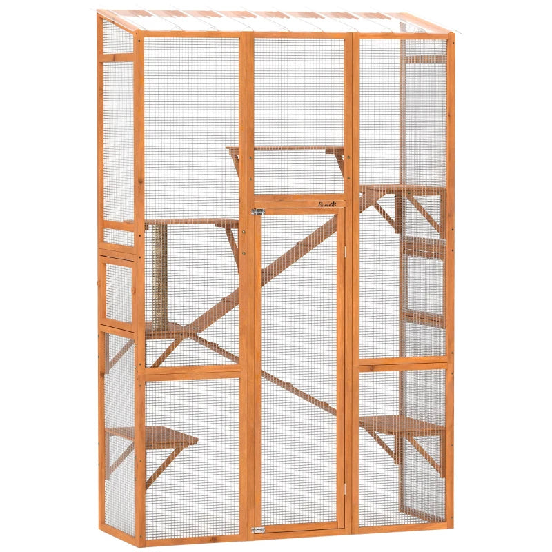 Outdoor Catio Cat Enclosure, Large Wooden Cat House With 6 Jumping Platforms, Scratching Post, 2 Ramps, For 2-3 Kittens