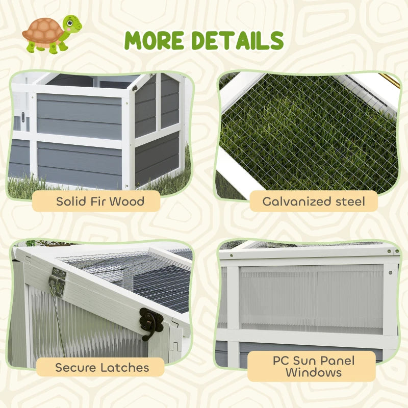 PawHut Wooden Tortoise Habitat Outdoor W Bottomless Design, Doors, PC Sun Panel Windows, For Small Animals, Rabbit, Light Gray