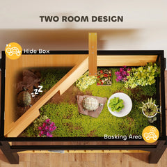 Wooden Tortoise Habitat With Storage Shelf, Tortoise Enclosure With Clear Windows, Openable Top, Lamp Holder, Yellow