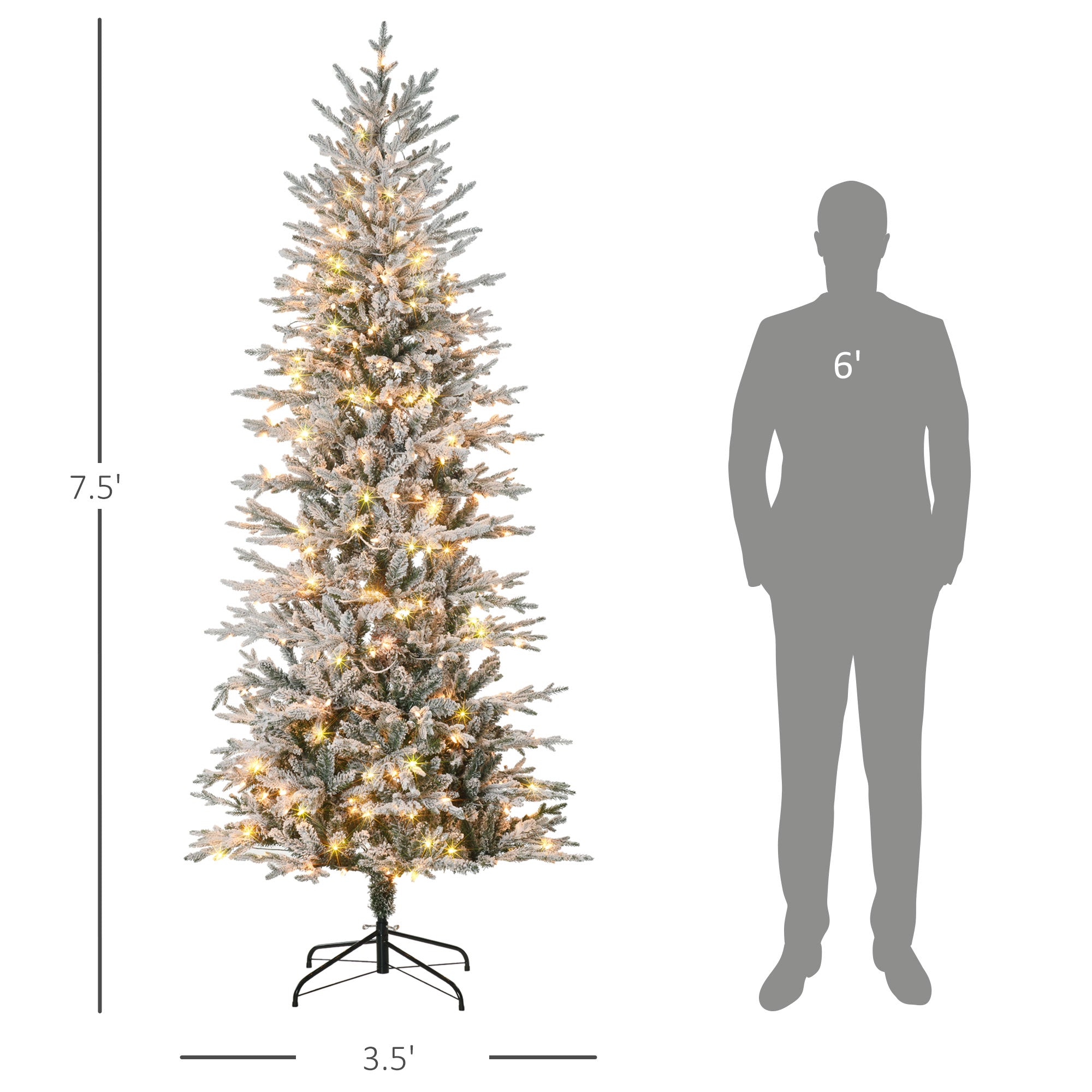 HOMCOM 7.5ft Tall Prelit Artificial Christmas Tree Holiday Decor With 850 Snow Flocked Branches, 350 Warm Yellow Clear Lights, Auto Open, Extra Bulb