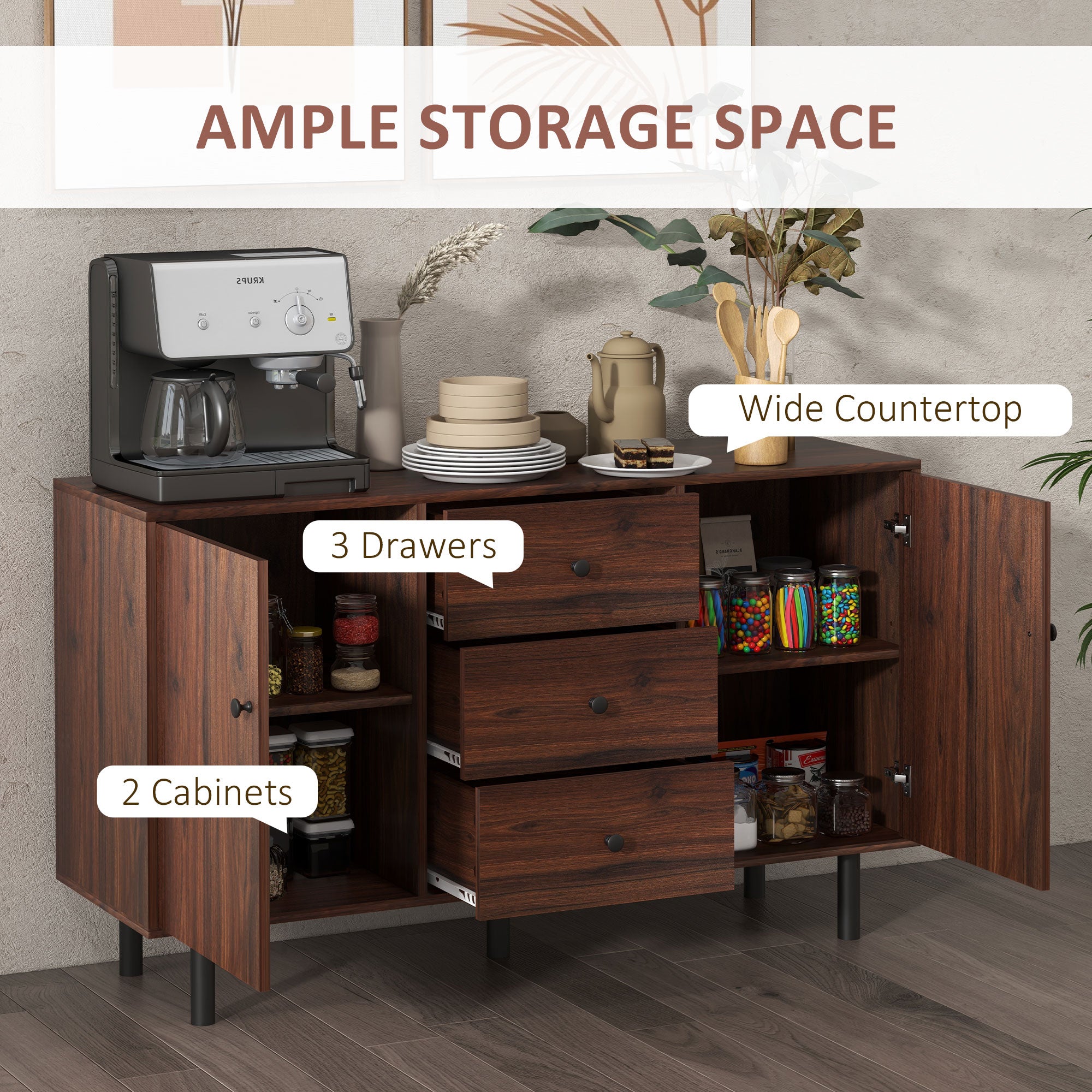 Retro Sideboard with 2 Cabinets 3 Drawers, Buffet Table, Rustic Brown