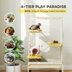 47" Small Animal Cage, 4 Levels Large Rolling Metal Ferret Cage w/ 5.9" Deep Tray, Ramps, Water Bottle, Food Dish, Beige