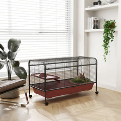 48" L Small Animal Cage, Pet Play House for Rabbit Hutch or Ferret with Feeder, Rolling Wheels, Platform, Ramp