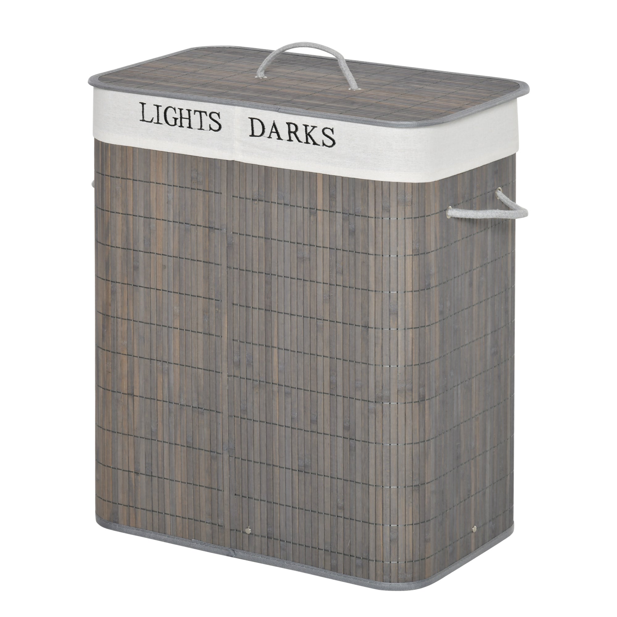Bamboo Laundry Basket with Lid and String Handles, Collapsible Laundry Hamper with 2 Removable Bags, Gray