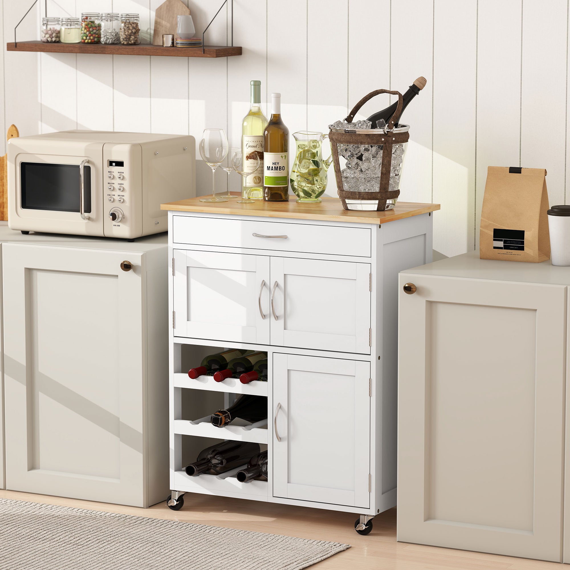 Rolling Kitchen Cart, Kitchen Island with Storage Drawer, 9-bottle Wine Rack, Door Cabinets, Wooden Countertop, White
