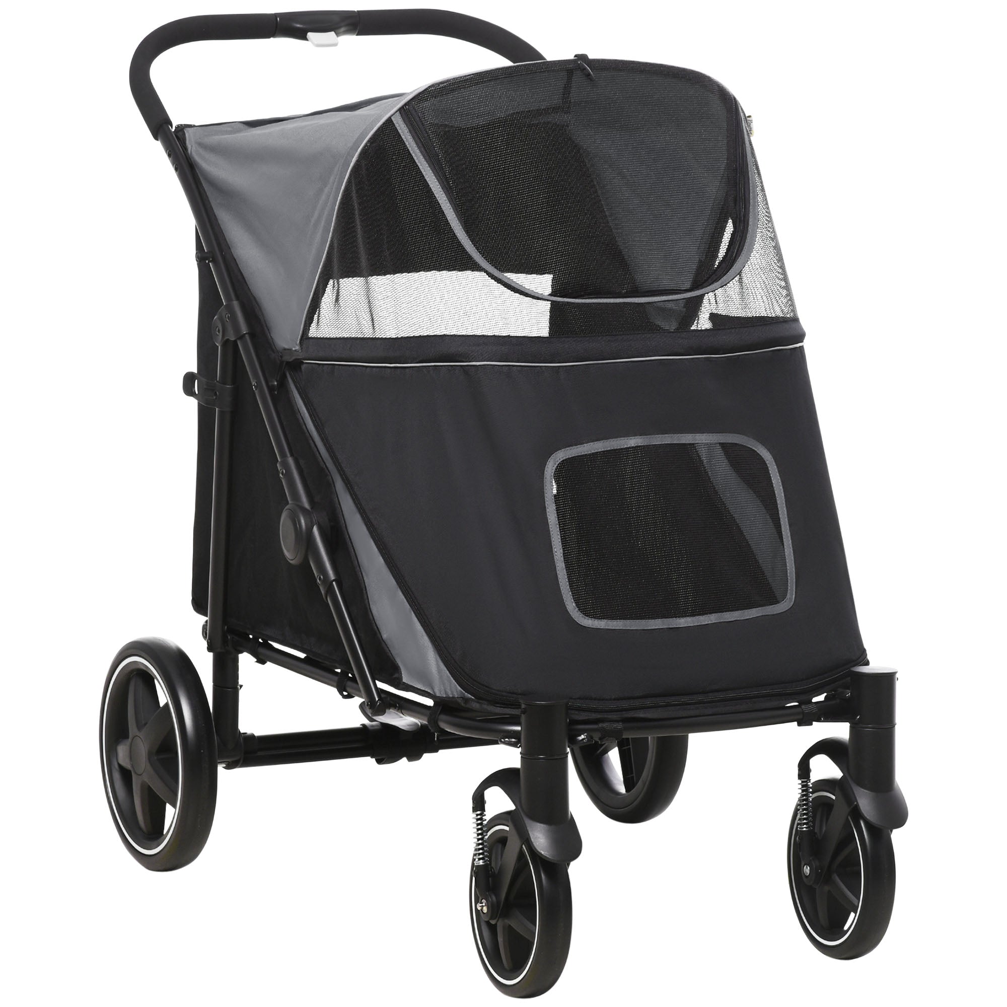 Dog Stroller for Large Medium Small Dogs up to 66 Lbs. 23.5" in Body Length, One-Click Foldable Pet Cat Stroller with Storage, Shock Absorption Wheels, Mesh Window, Safety Leash, Gray