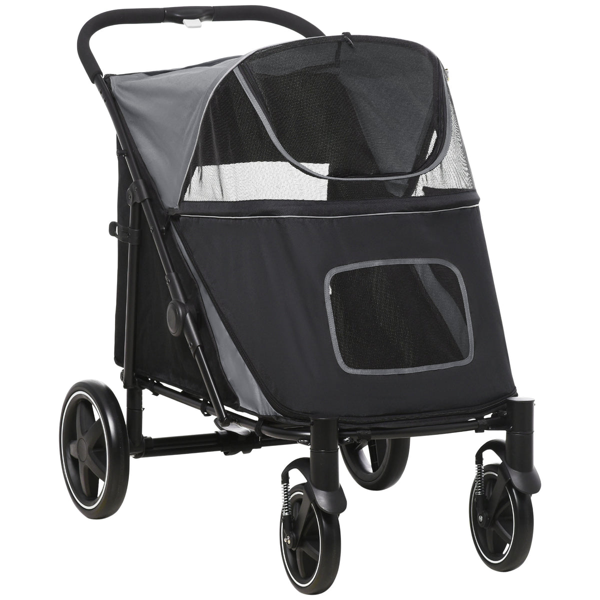 Dog Stroller for Large Medium Small Dogs up to 66 Lbs. 23.5" in Body Length, One-Click Foldable Pet Cat Stroller with Storage, Shock Absorption Wheels, Mesh Window, Safety Leash, Gray