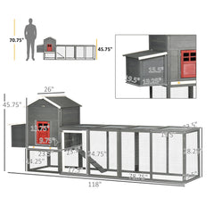 118" Extra Large Chicken Coop with Asphalt Roof, Wooden Hen Run with Slide-Out Tray and Nesting Box, Chicken Hutch for 3-6 Chickens, Gray