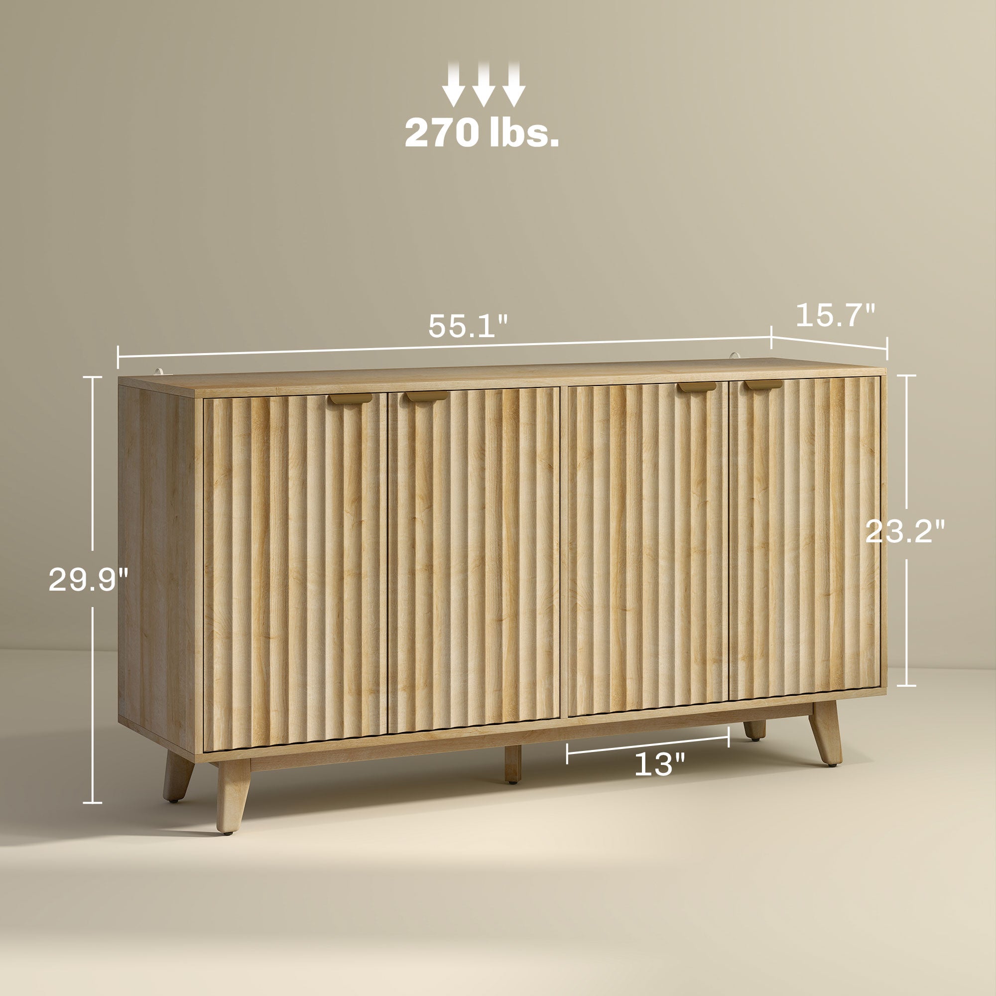 Fluted Sideboard Buffet Cabinet, 55" Coffee Bar Cabinet with 4 Doors, 2 Adjustable Shelves, 5 Wood Legs, Oak