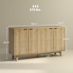 Fluted Sideboard Buffet Cabinet, 55" Coffee Bar Cabinet with 4 Doors, 2 Adjustable Shelves, 5 Wood Legs, Oak