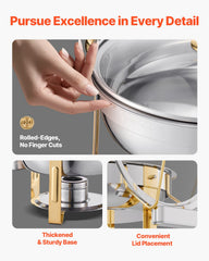 5 Qt 4 Pack Round Chafing Dish Buffet Set Full-Size Pan Stainless Steel Gold