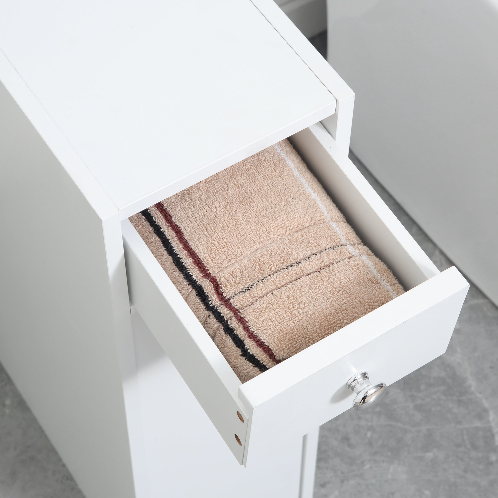 Bathroom Floor Organizer Free Standing Space Saving Narrow Storage Cabinet Bath Toilet Paper Holder with Drawers White