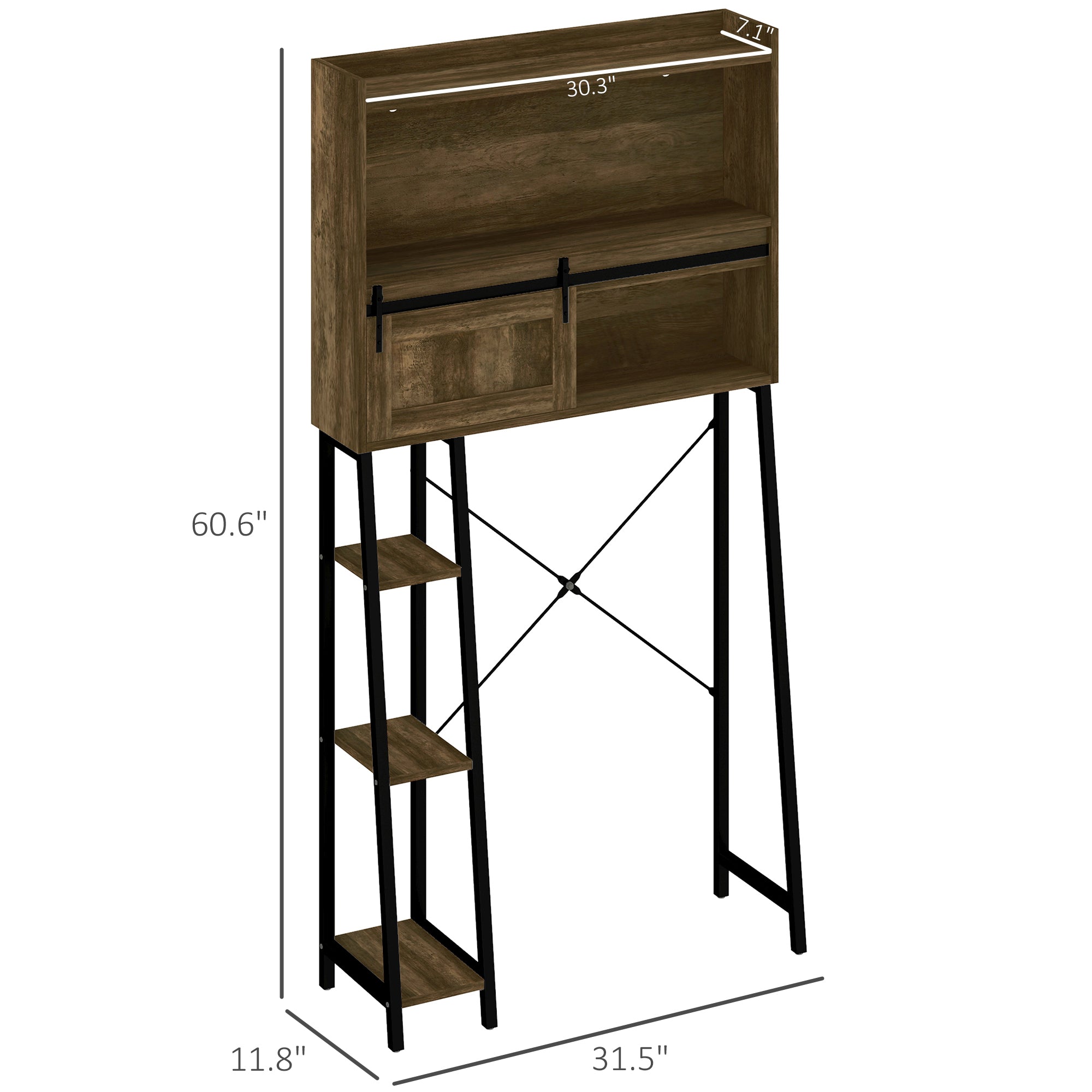 Over the Toilet Storage Cabinet, Over Toilet Bathroom Organizer with 3 Compartments, 4 Open Shelves, Distressed Brown