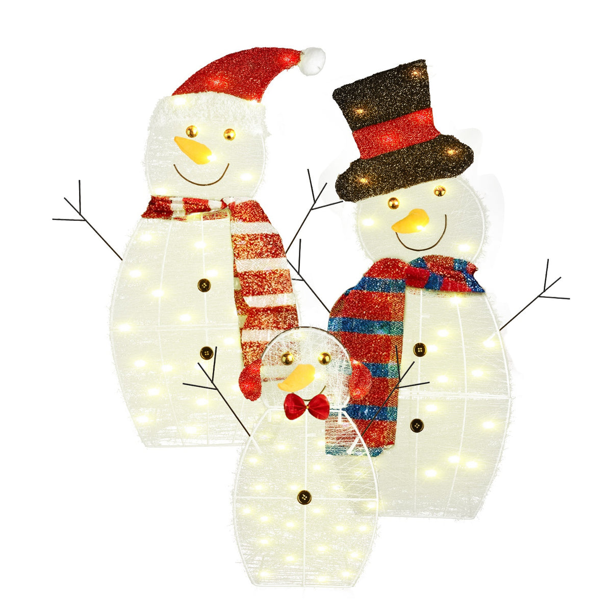 3Pcs 2D Christmas Snowman Yard Decoration Snowman Family Outdoor Decoration With 60Pcs LED Warm Yellow Lights IP44 Waterproof For Christmas Indoor Outdoor Holiday Display
