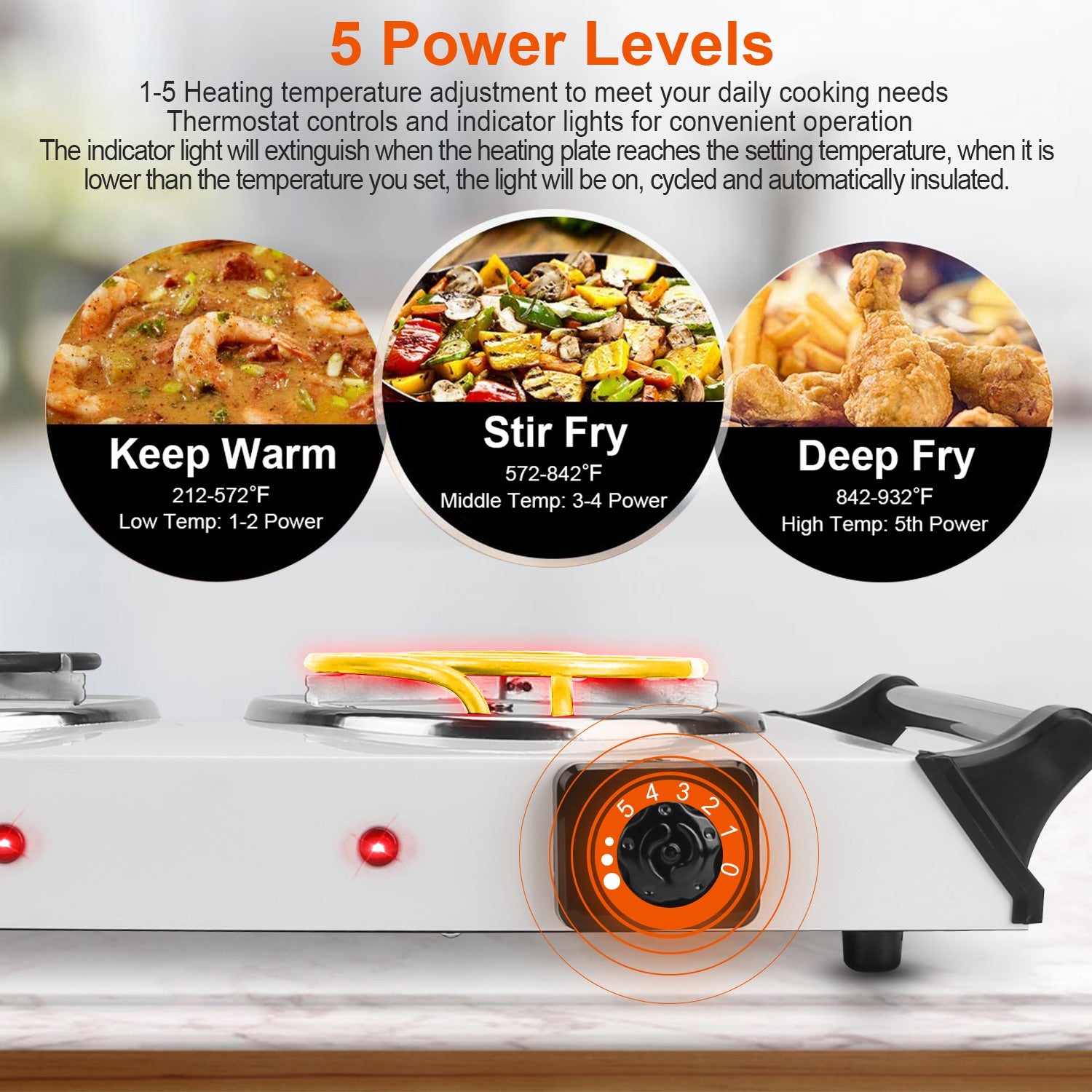 2000W Electric Dual Burner Portable Coil Heating Hot Plate Stove Countertop RV Hotplate With 5 Temperature Adjustments Portable Handles For Food Preparation