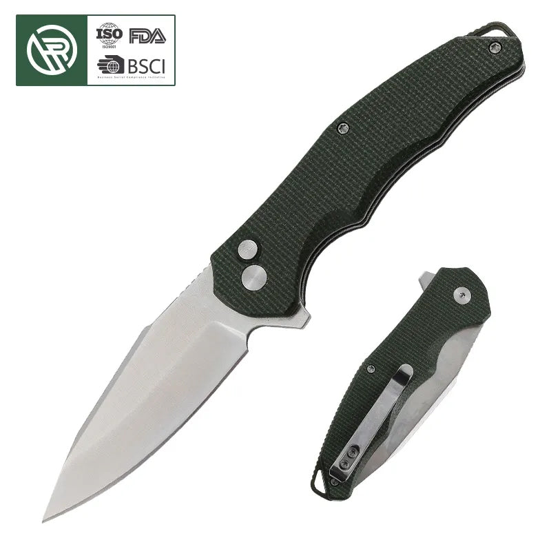 Folding Knife OD Green G10 Handle Pocket Knife, 14C28N Steel Thumb-Stud Outdoor Tools, Folding Knife Sheath