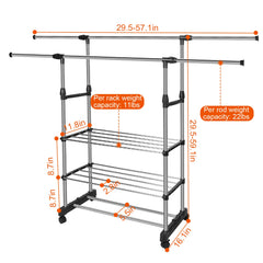 1Pc Extendable Garment Hanging Rack Clothing Hanging Rail Pillow Shoe Display Organizer With Rolling Wheels Hold Up To 77LBS