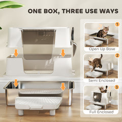 XL Stainless Steel Litter Box w/ 100° Flip Top, Scoop, Step, Top & Side Entry Enclosed Litter Box for Big Cats