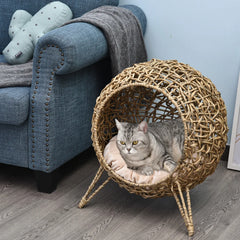 Weaved Cat Bed, Elevated Hand-woven Braided Banana Leaf Kitten House Condo With Cushion, Beige