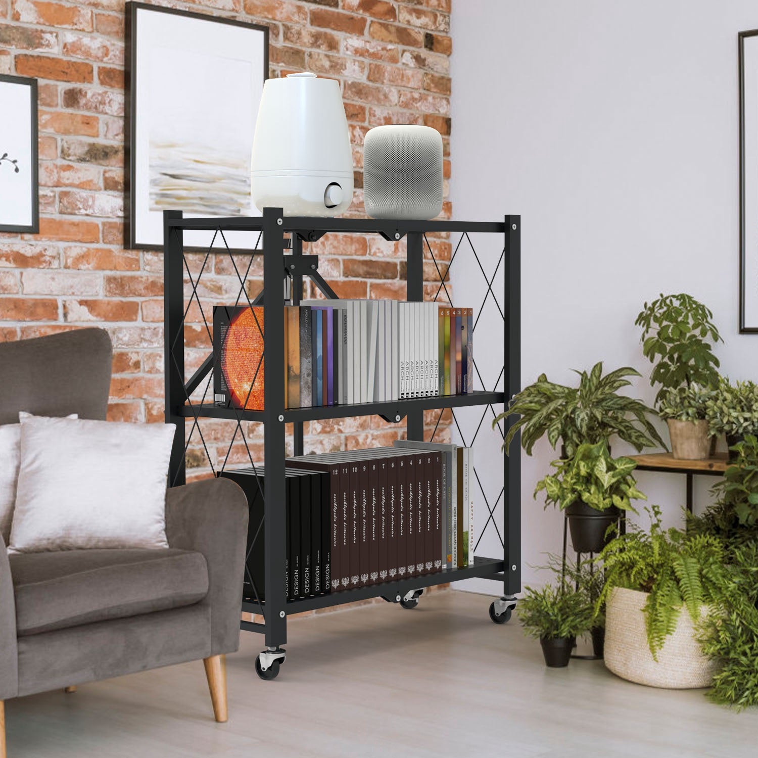 1Pc 3Tier Foldable Storage Shelf With Lockable Wheels No Assembly Rolling Utility Shelf Heavy Duty Collapsible Organizer Rack For Kitchen Living Room Basement Pantry Bedroom