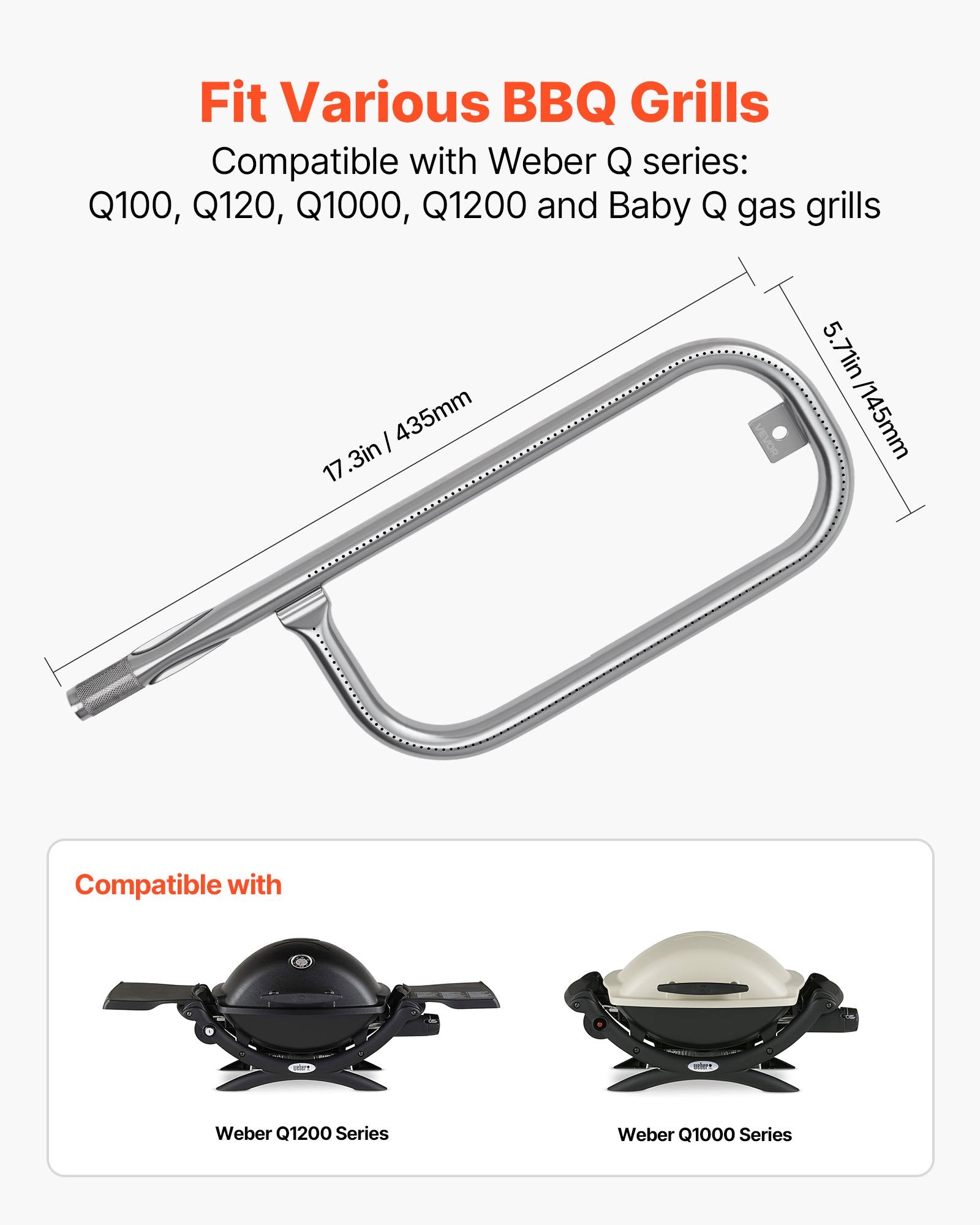 Stainless Steel Tube Burner For Weber Q100 Q120 Q1000 Q1200 Baby Q Grills