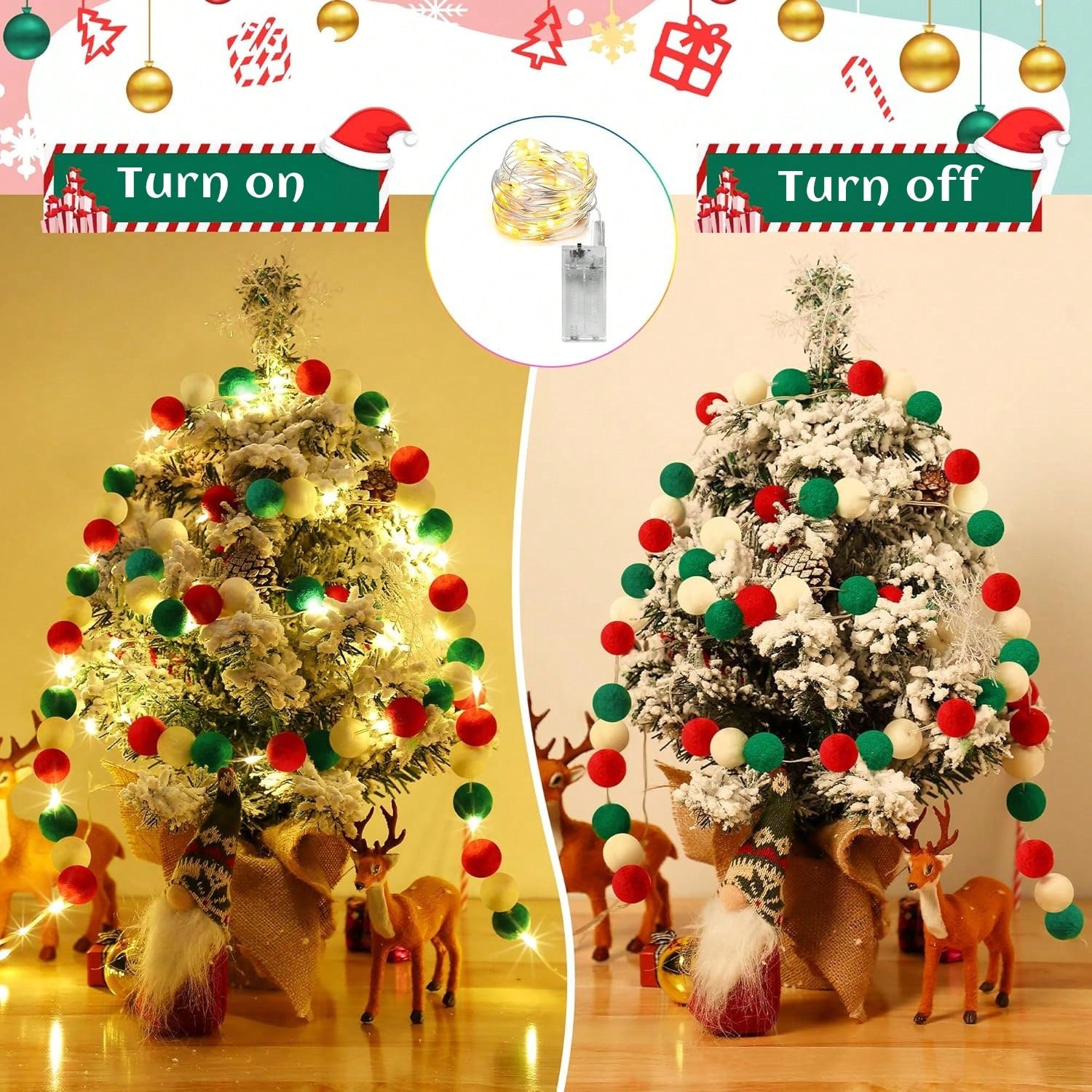 100 Pcs Christmas Pom Poms Balls With Battery String Lights Red And Green White Pompoms Pom Poms For Crafts Making DIY Holiday Christmas Decorations Supplies