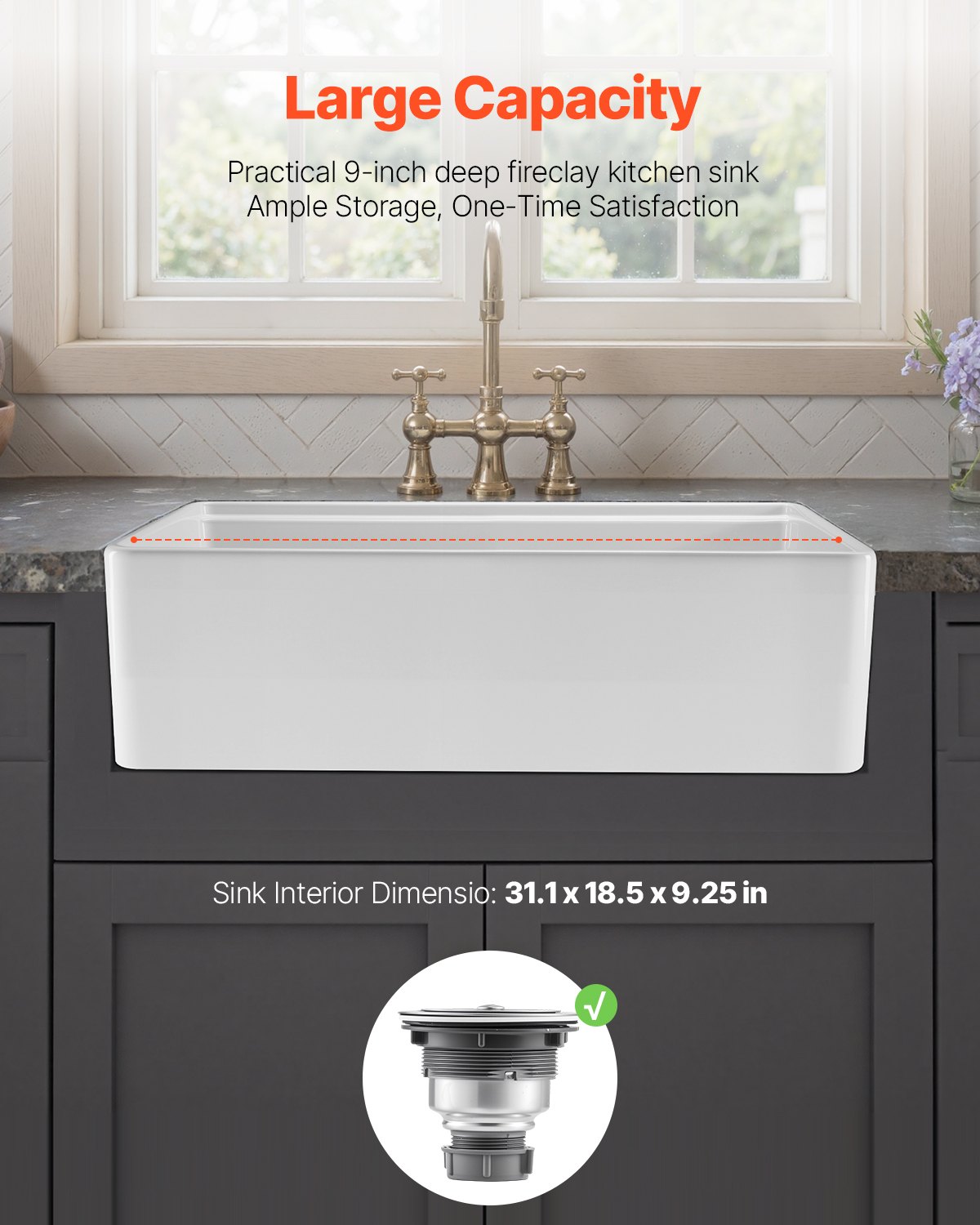 32.5x20 In Farmhouse Sink Undermount Kitchen Single Bowl Basin Fireclay White